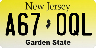 NJ license plate A67OQL