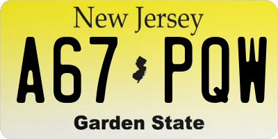 NJ license plate A67PQW