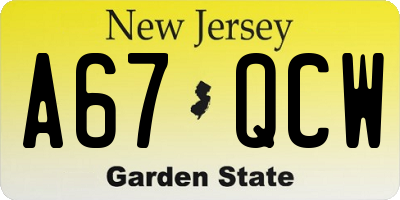 NJ license plate A67QCW