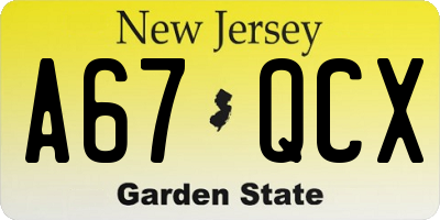 NJ license plate A67QCX