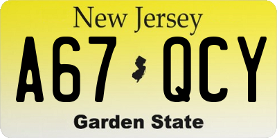 NJ license plate A67QCY