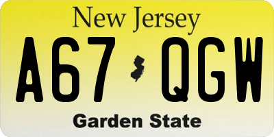 NJ license plate A67QGW
