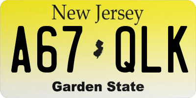 NJ license plate A67QLK