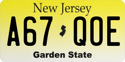 NJ license plate A67QOE