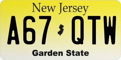 NJ license plate A67QTW