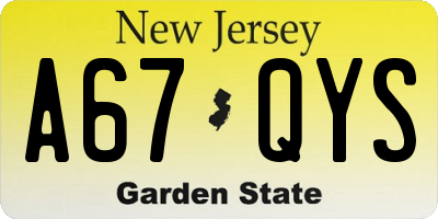 NJ license plate A67QYS