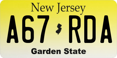 NJ license plate A67RDA