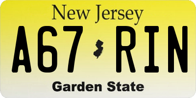 NJ license plate A67RIN