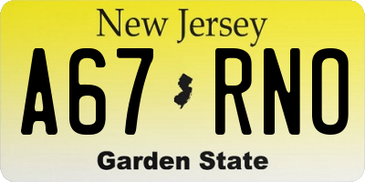 NJ license plate A67RNO