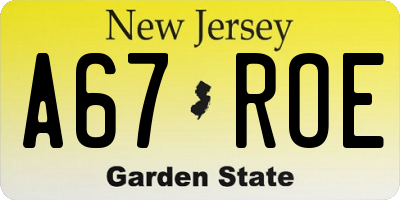 NJ license plate A67ROE