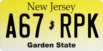NJ license plate A67RPK
