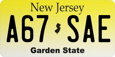 NJ license plate A67SAE