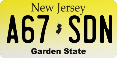 NJ license plate A67SDN