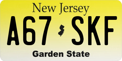 NJ license plate A67SKF