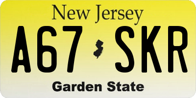 NJ license plate A67SKR