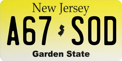 NJ license plate A67SOD