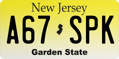 NJ license plate A67SPK