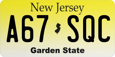 NJ license plate A67SQC