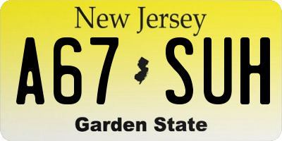 NJ license plate A67SUH