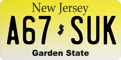 NJ license plate A67SUK