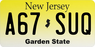 NJ license plate A67SUQ
