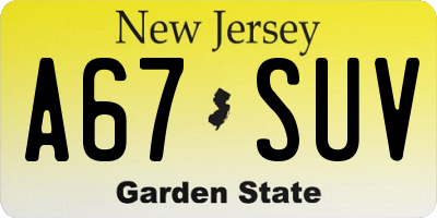 NJ license plate A67SUV