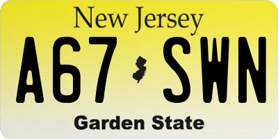 NJ license plate A67SWN