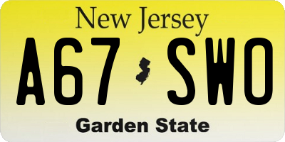 NJ license plate A67SWO