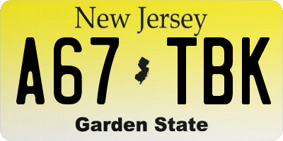 NJ license plate A67TBK