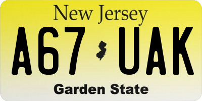 NJ license plate A67UAK