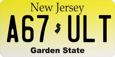 NJ license plate A67ULT