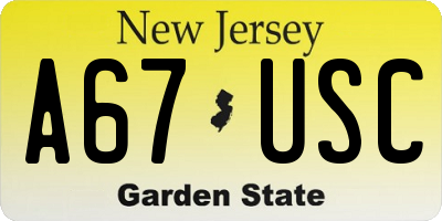 NJ license plate A67USC