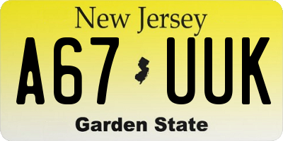 NJ license plate A67UUK