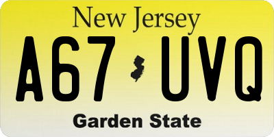 NJ license plate A67UVQ