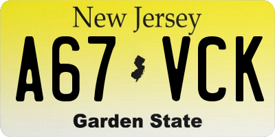 NJ license plate A67VCK
