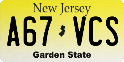 NJ license plate A67VCS