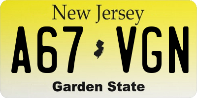 NJ license plate A67VGN