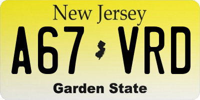 NJ license plate A67VRD