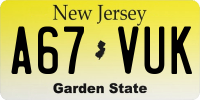 NJ license plate A67VUK