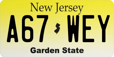 NJ license plate A67WEY