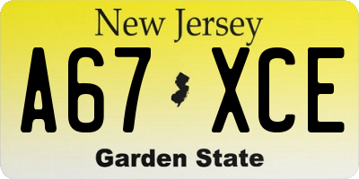 NJ license plate A67XCE