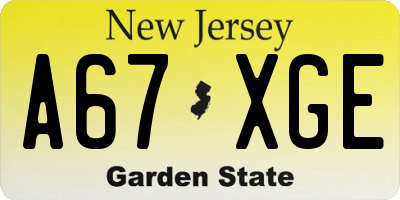 NJ license plate A67XGE