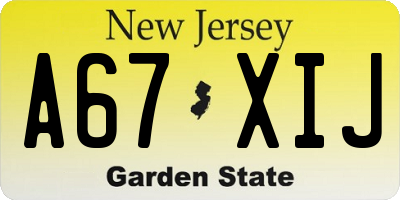 NJ license plate A67XIJ