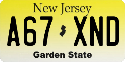 NJ license plate A67XND