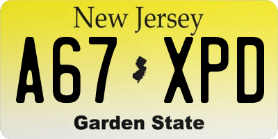NJ license plate A67XPD
