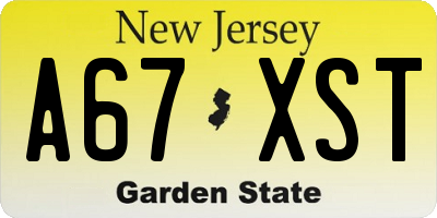 NJ license plate A67XST