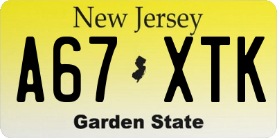 NJ license plate A67XTK