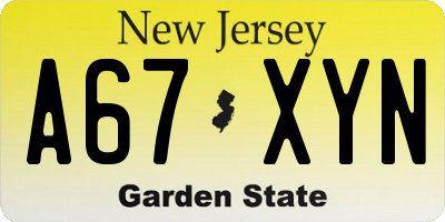 NJ license plate A67XYN