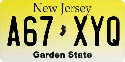 NJ license plate A67XYQ