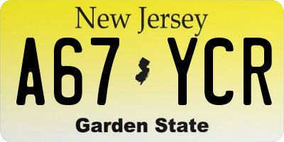 NJ license plate A67YCR